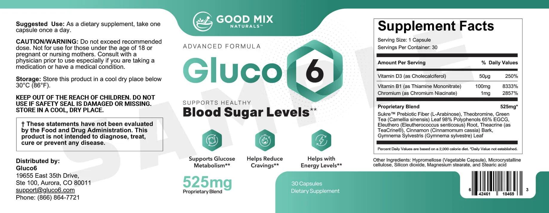 Gluco6 supplement facts label and ingredients